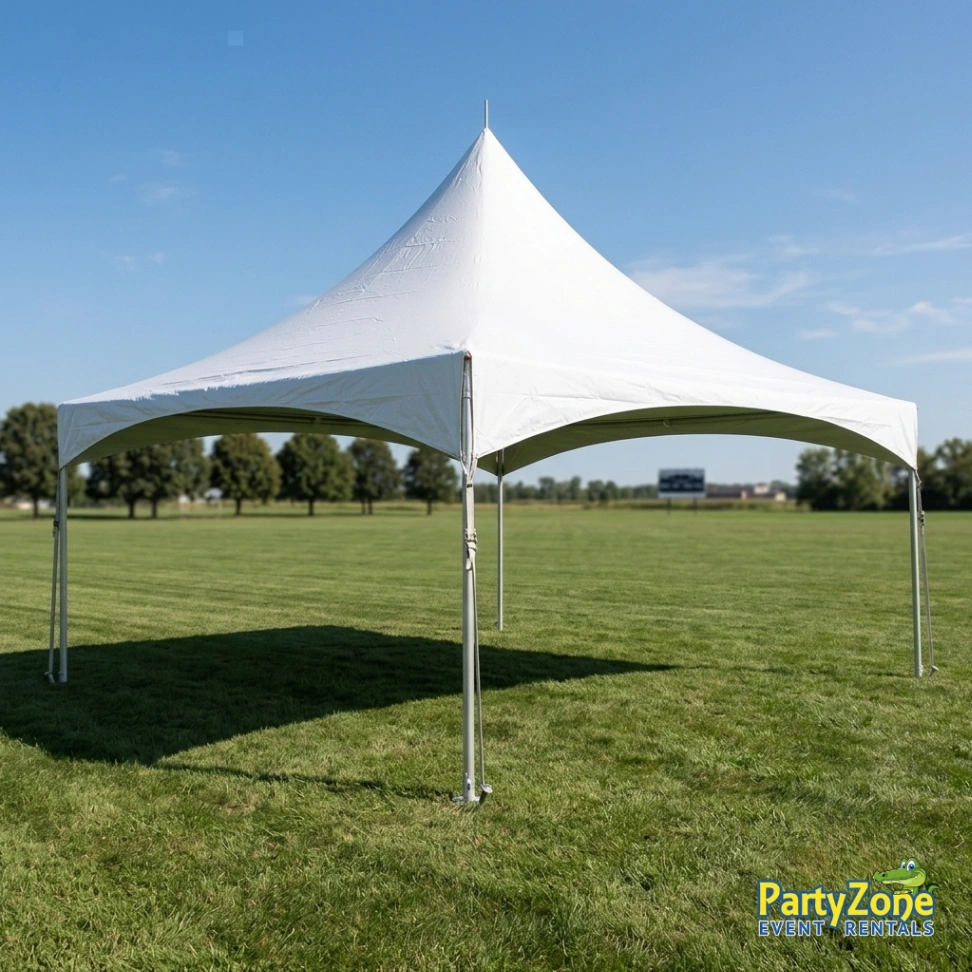 20x20 high peak frame tent rental for Harvey LA graduations and backyard weddings, seats up to 60