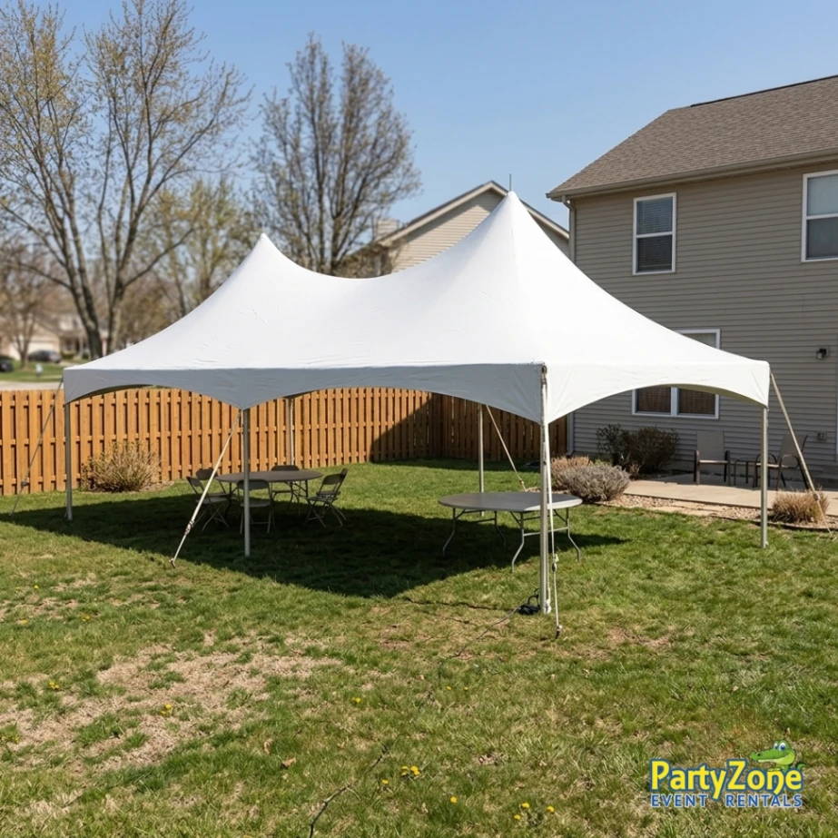 20x30 high peak frame tent rental for Harvey LA church events and receptions, seats up to 72
