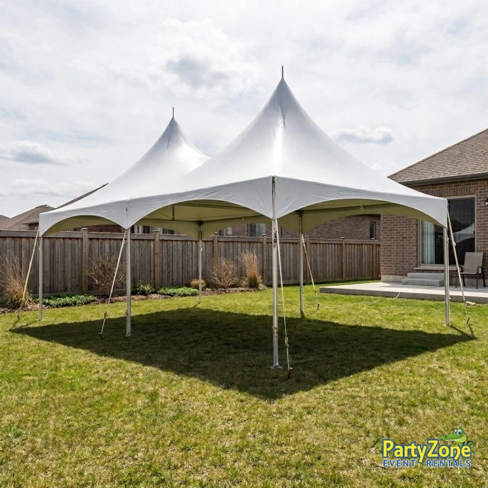 20x40 high peak frame tent rental for Harvey LA community events and festivals, seats up to 96